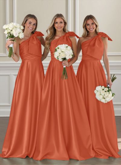 Ruched A-Line One-Shoulder Satin Bridesmaid Dresses With Bow(s)