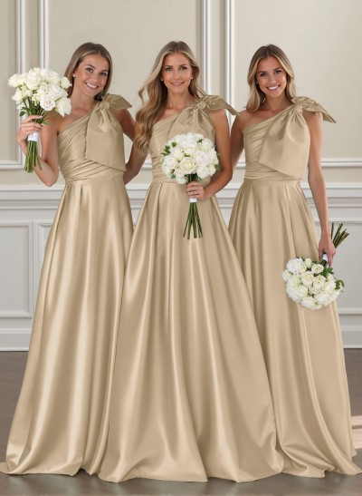 Ruched A-Line One-Shoulder Satin Bridesmaid Dresses With Bow(s)