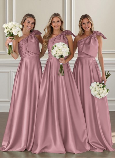 Ruched A-Line One-Shoulder Satin Bridesmaid Dresses With Bow(s)