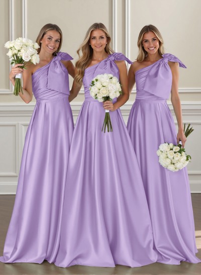 Ruched A-Line One-Shoulder Satin Bridesmaid Dresses With Bow(s)