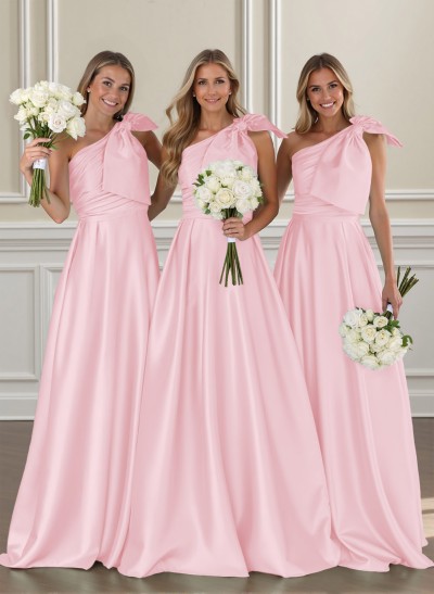 Ruched A-Line One-Shoulder Satin Bridesmaid Dresses With Bow(s)