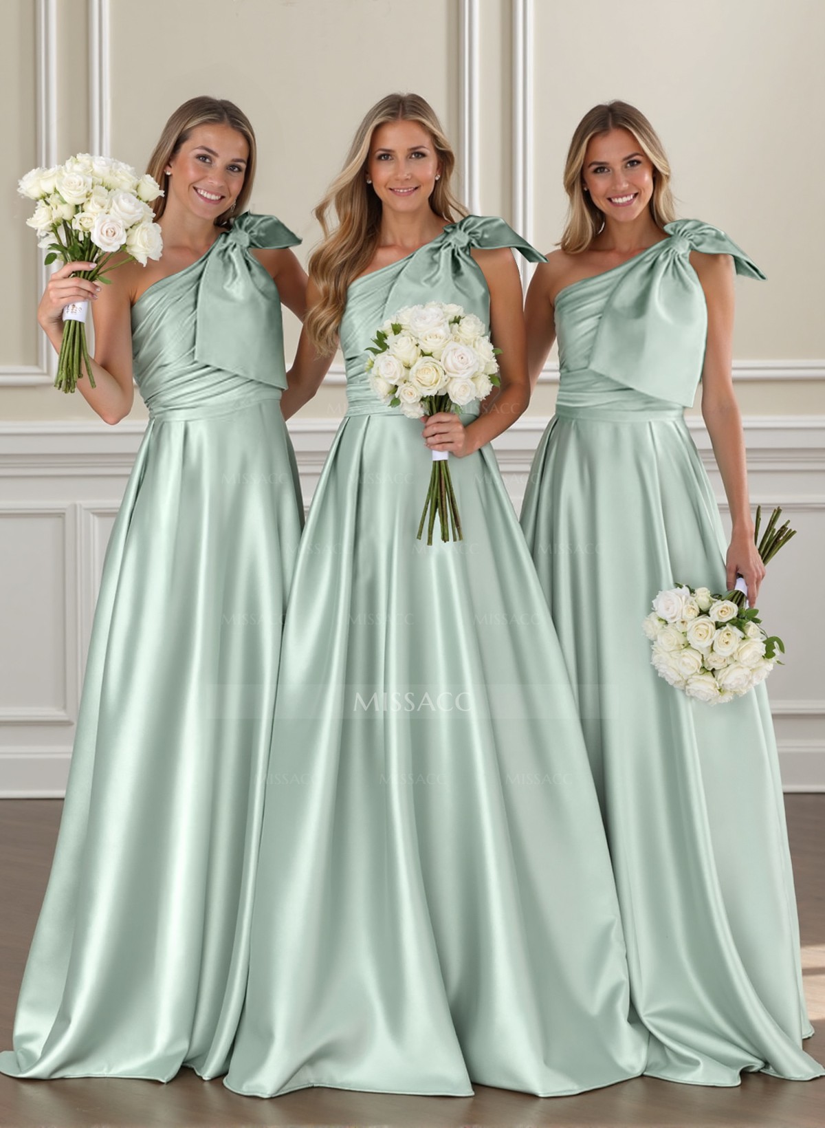 Ruched A-Line One-Shoulder Satin Bridesmaid Dresses With Bow(s)