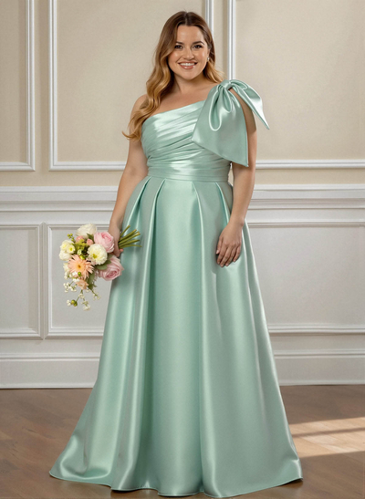Ruched A-Line One-Shoulder Satin Bridesmaid Dresses With Bow(s)