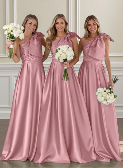 Ruched A-Line One-Shoulder Satin Bridesmaid Dresses With Bow(s)