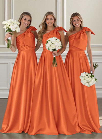 Ruched A-Line One-Shoulder Satin Bridesmaid Dresses With Bow(s)