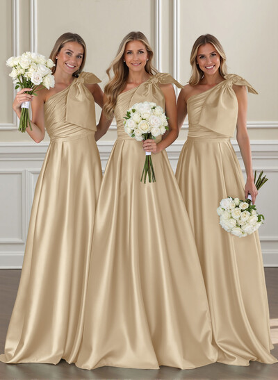 Ruched A-Line One-Shoulder Satin Bridesmaid Dresses With Bow(s)