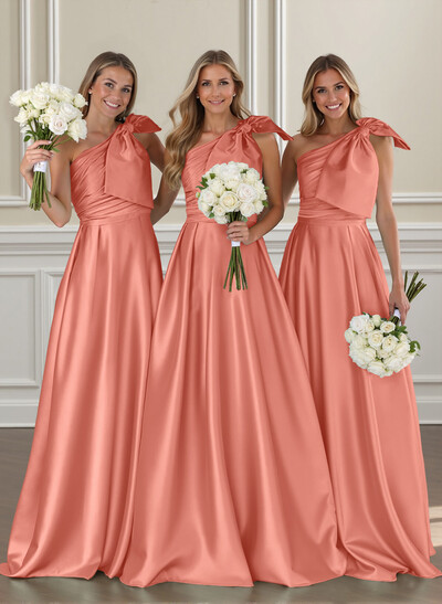 Ruched A-Line One-Shoulder Satin Bridesmaid Dresses With Bow(s)