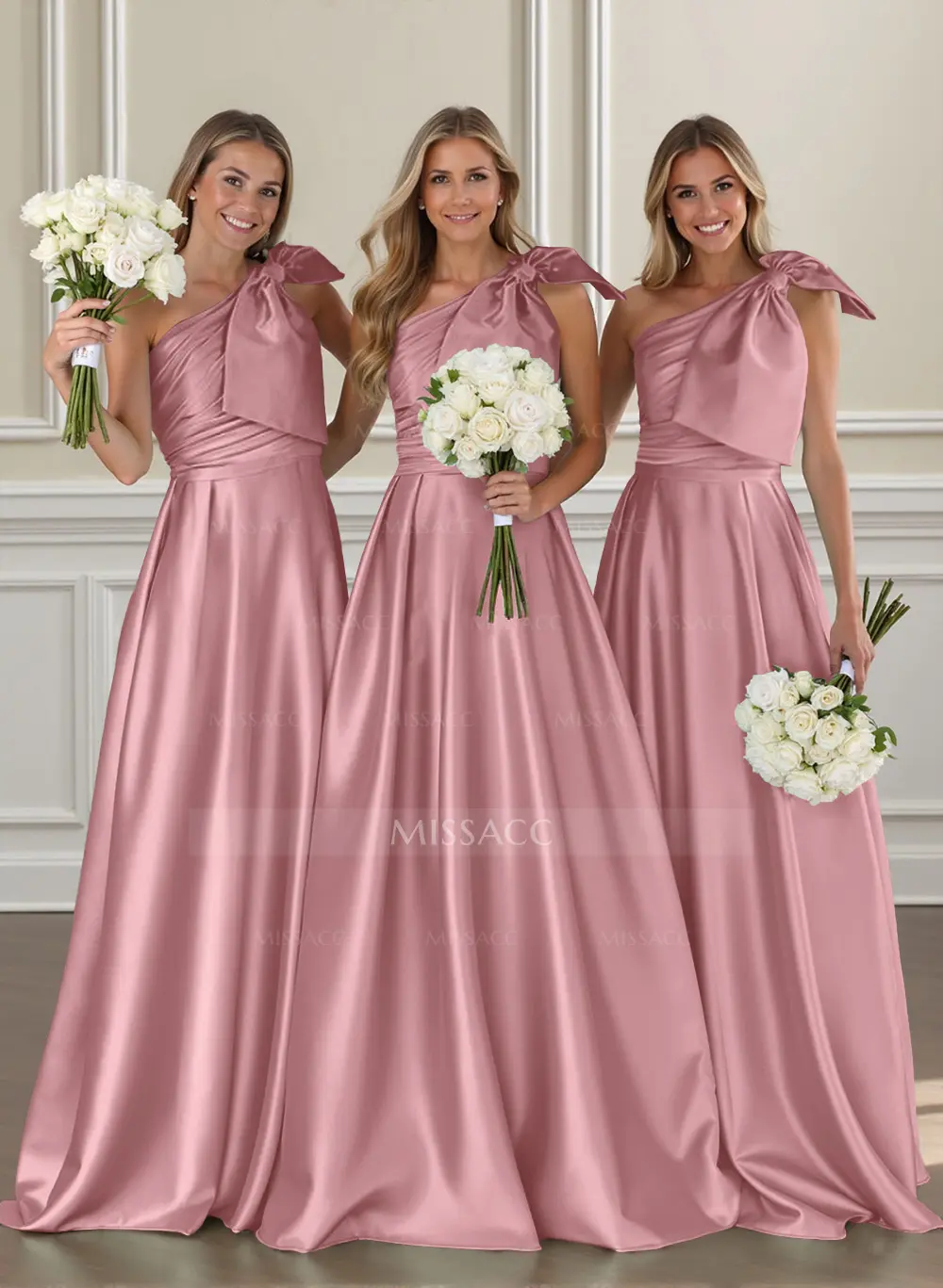 Ruched A-Line One-Shoulder Satin Bridesmaid Dresses With Bow(s) #SBD11310 $109