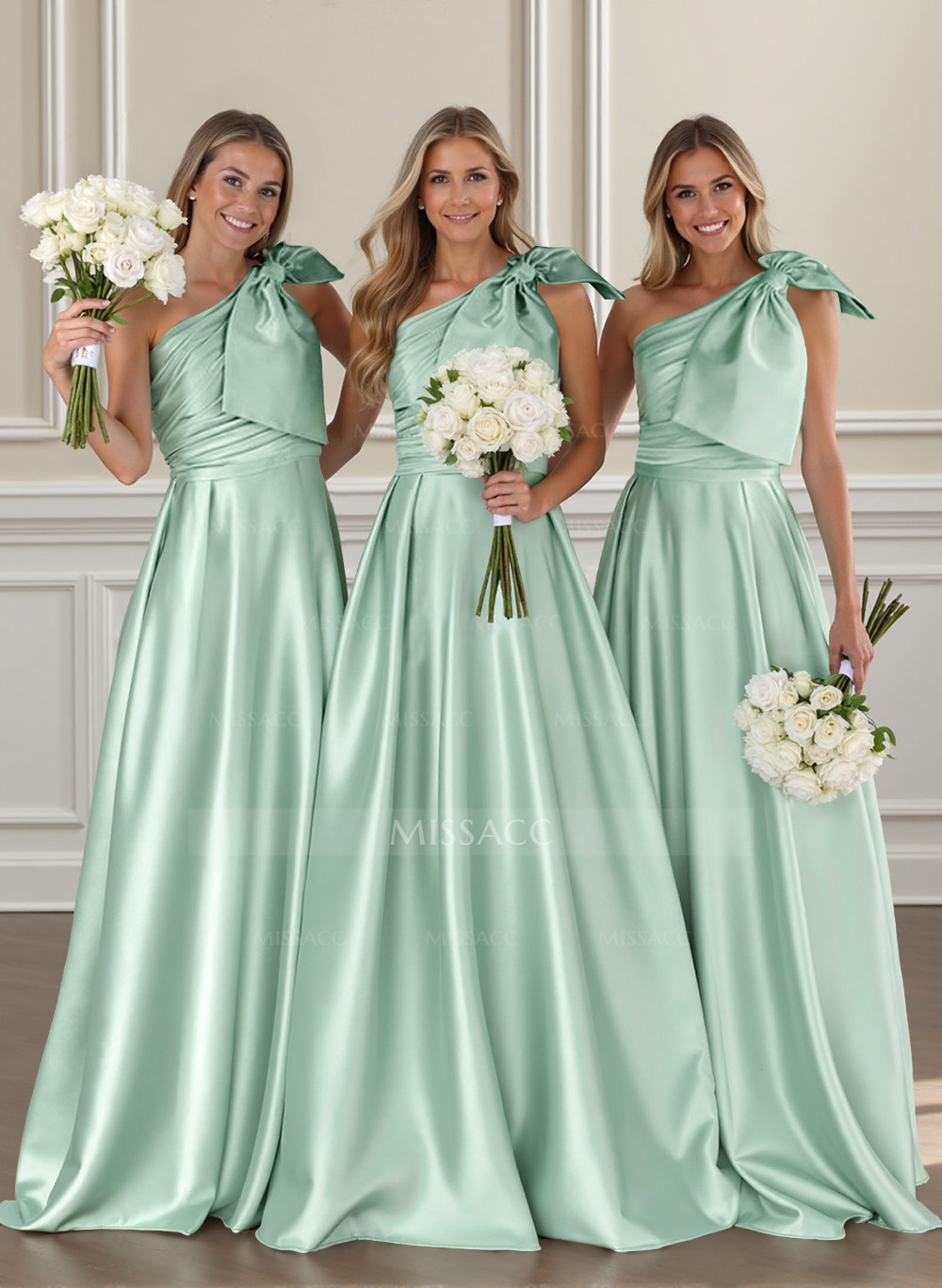 Ruched A-Line One-Shoulder Satin Bridesmaid Dresses With Bow(s)