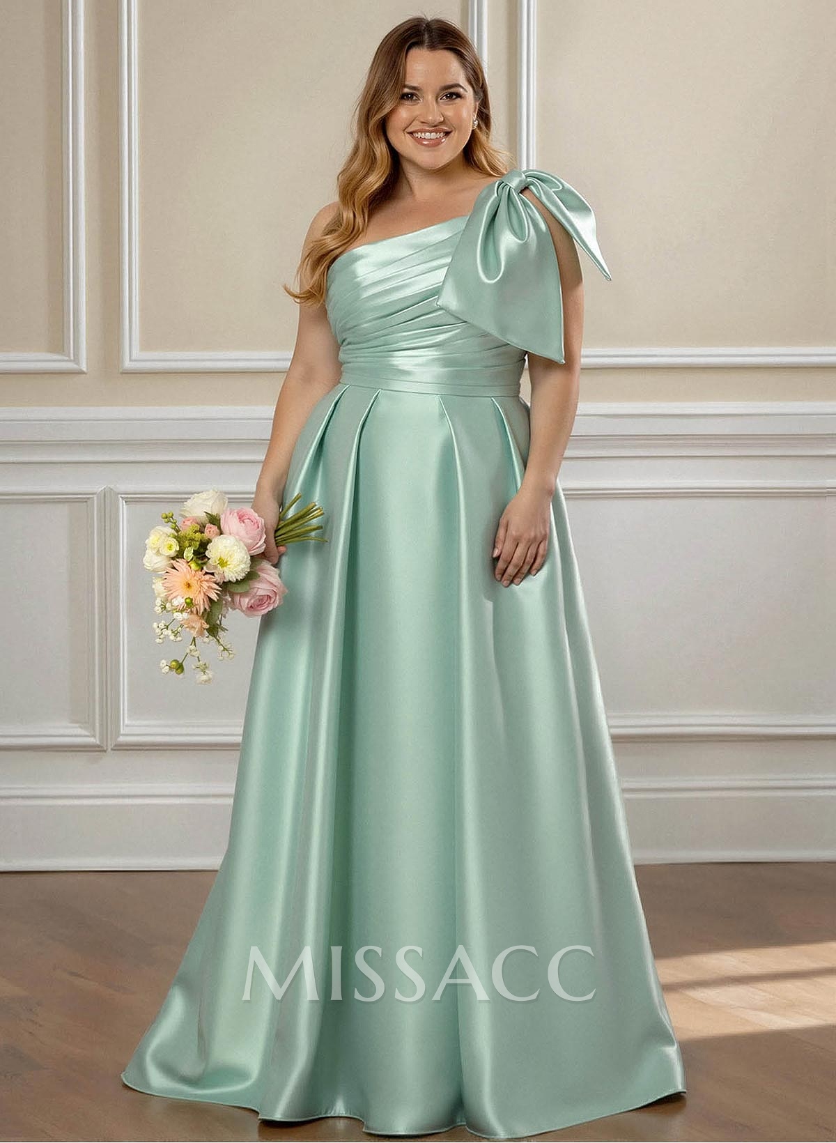 Ruched A-Line One-Shoulder Satin Bridesmaid Dresses With Bow(s)
