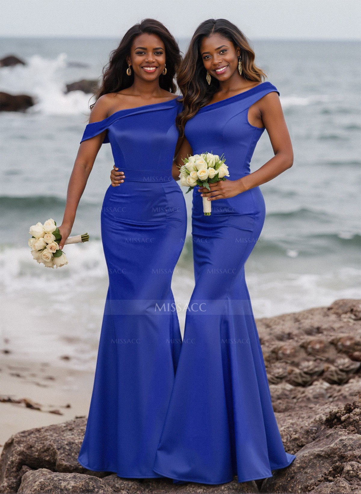 Elegant Asymmetrical Cap Straps Fit And Flare Satin Bridesmaid Dresses