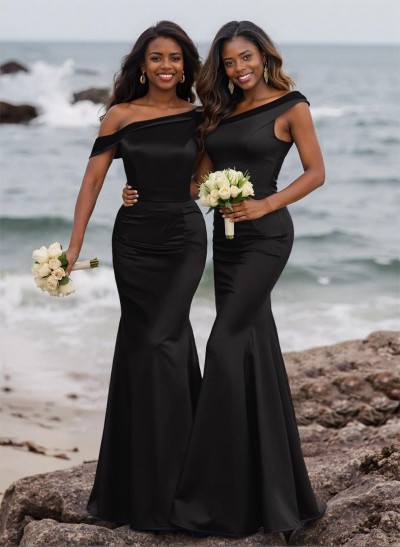 Elegant Asymmetrical Cap Straps Fit And Flare Satin Bridesmaid Dresses