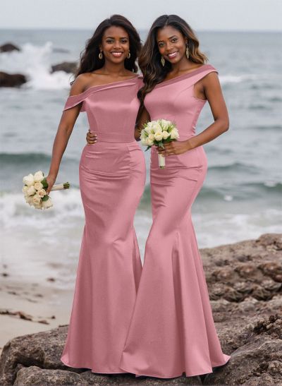 Elegant Asymmetrical Cap Straps Fit And Flare Satin Bridesmaid Dresses