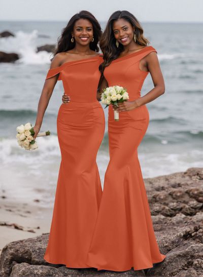 Elegant Asymmetrical Cap Straps Fit And Flare Satin Bridesmaid Dresses