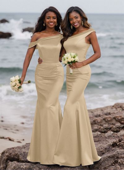 Elegant Asymmetrical Cap Straps Fit And Flare Satin Bridesmaid Dresses