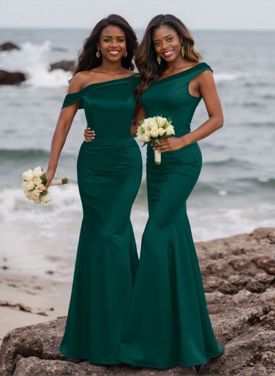 Elegant Asymmetrical Cap Straps Fit And Flare Satin Bridesmaid Dresses