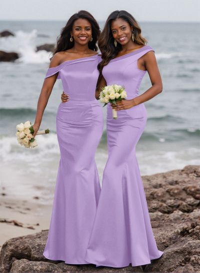 Elegant Asymmetrical Cap Straps Fit And Flare Satin Bridesmaid Dresses