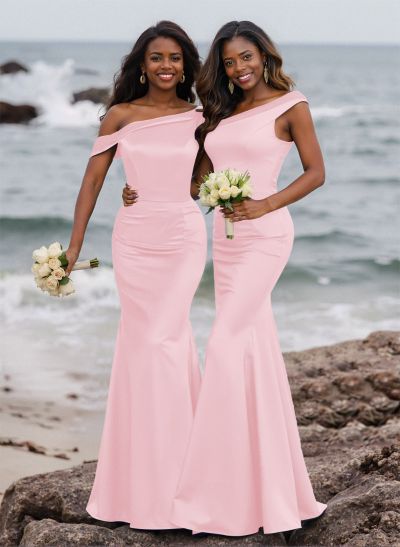 Elegant Asymmetrical Cap Straps Fit And Flare Satin Bridesmaid Dresses
