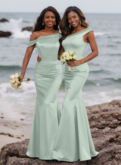 Elegant Asymmetrical Cap Straps Fit And Flare Satin Bridesmaid Dresses