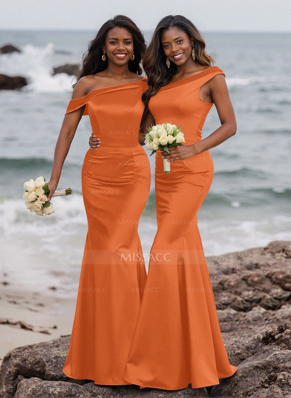 Elegant Asymmetrical Cap Straps Fit And Flare Satin Bridesmaid