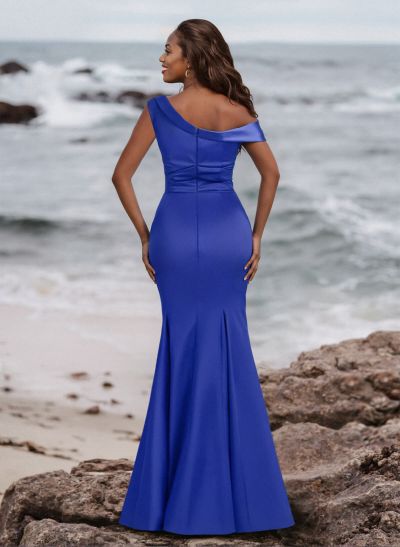 Elegant Asymmetrical Cap Straps Fit And Flare Satin Bridesmaid Dresses