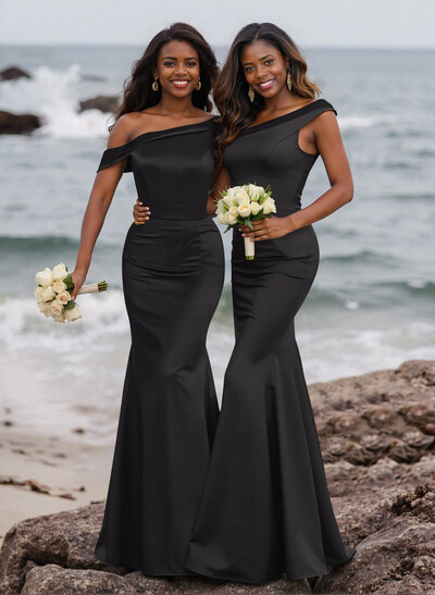 Elegant Asymmetrical Cap Straps Fit And Flare Acetate Satin Bridesmaid Dresses