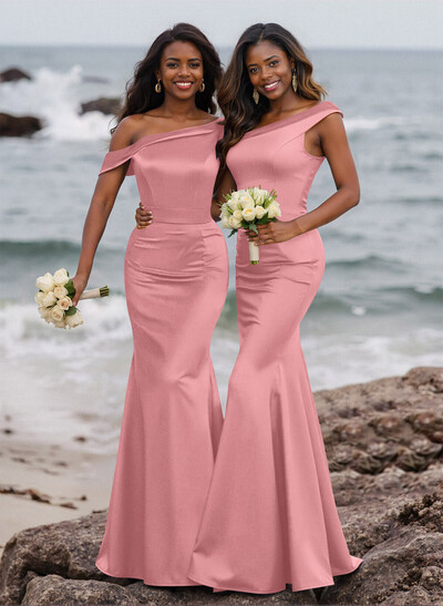 Elegant Asymmetrical Cap Straps Fit And Flare Acetate Satin Bridesmaid Dresses