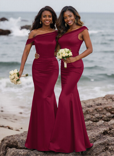 Elegant Asymmetrical Cap Straps Fit And Flare Acetate Satin Bridesmaid Dresses