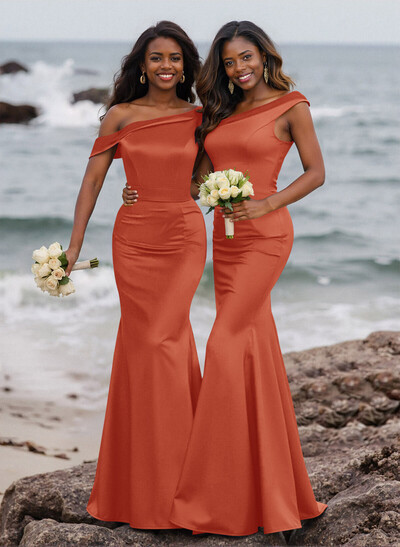 Elegant Asymmetrical Cap Straps Fit And Flare Acetate Satin Bridesmaid Dresses