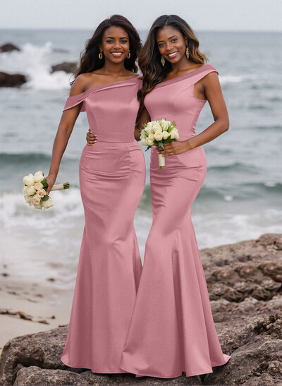 Elegant Asymmetrical Cap Straps Fit And Flare Acetate Satin Bridesmaid Dresses