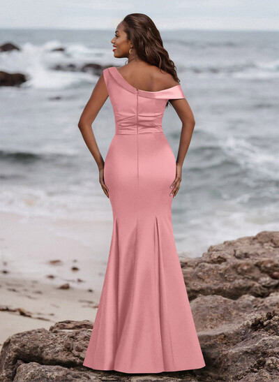 Elegant Asymmetrical Cap Straps Fit And Flare Acetate Satin Bridesmaid Dresses