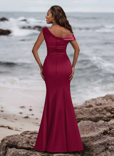 Elegant Asymmetrical Cap Straps Fit And Flare Acetate Satin Bridesmaid Dresses