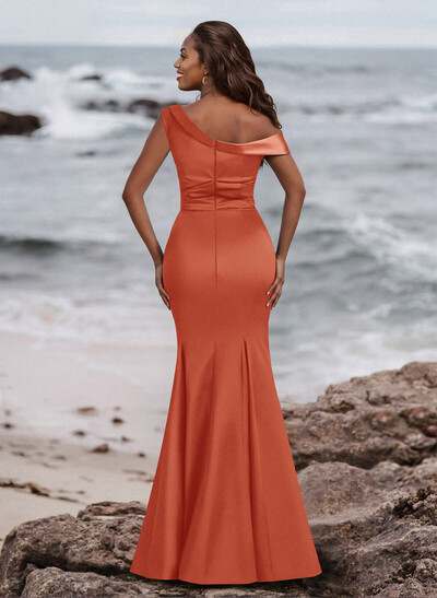 Elegant Asymmetrical Cap Straps Fit And Flare Acetate Satin Bridesmaid Dresses