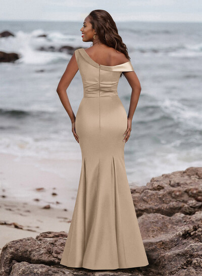 Elegant Asymmetrical Cap Straps Fit And Flare Acetate Satin Bridesmaid Dresses