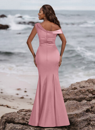 Elegant Asymmetrical Cap Straps Fit And Flare Acetate Satin Bridesmaid Dresses
