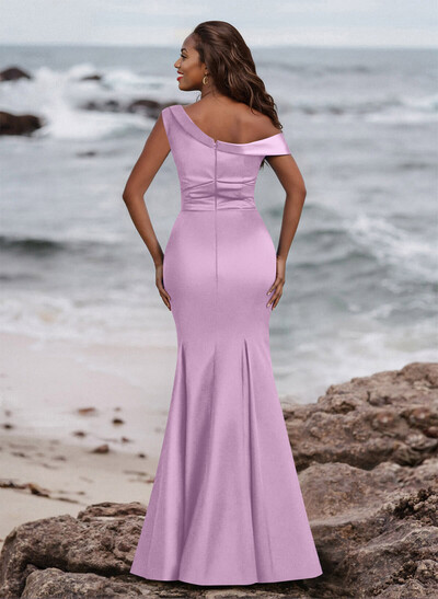 Elegant Asymmetrical Cap Straps Fit And Flare Acetate Satin Bridesmaid Dresses