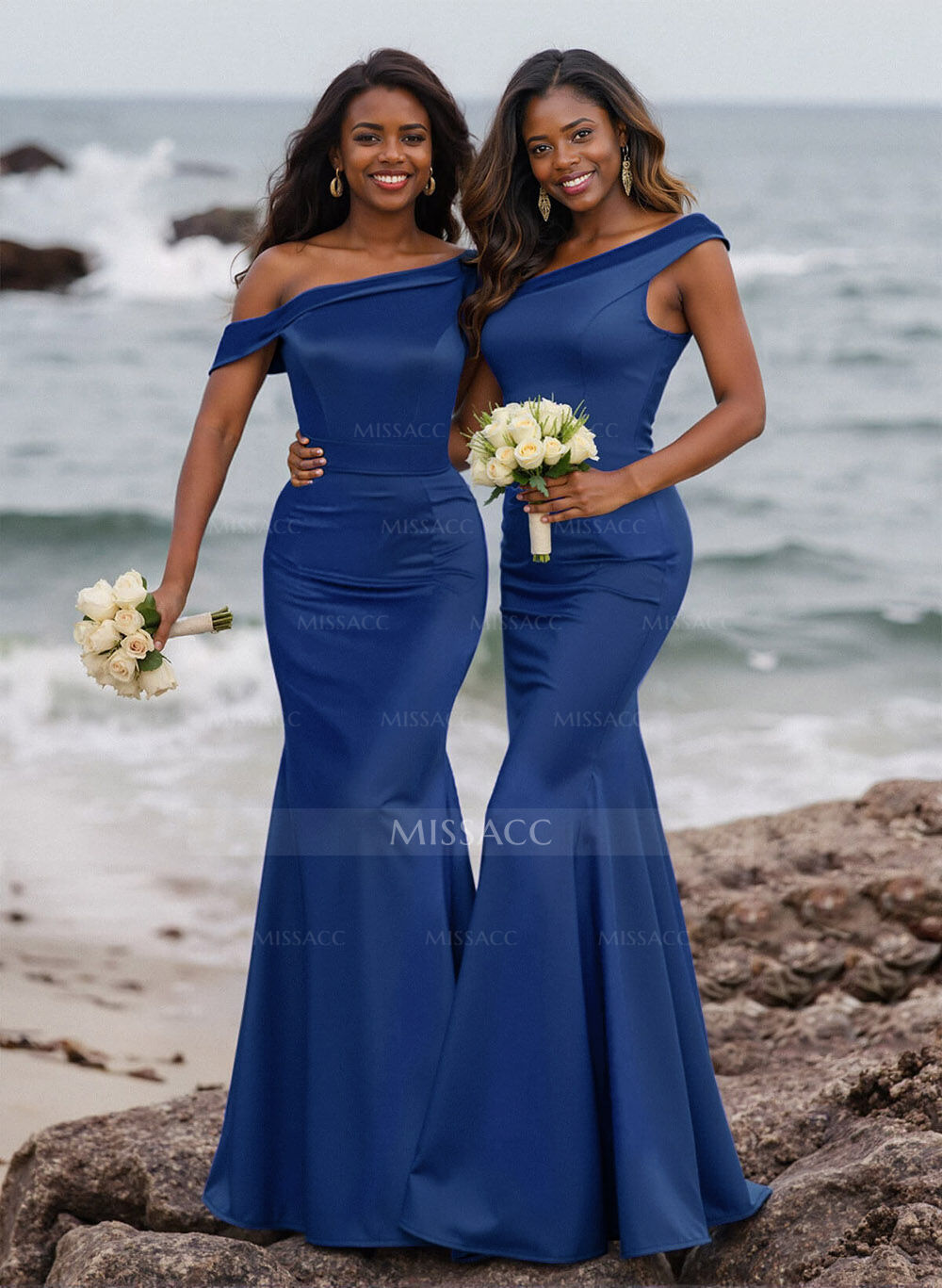 Elegant Asymmetrical Cap Straps Fit And Flare Acetate Satin Bridesmaid Dresses