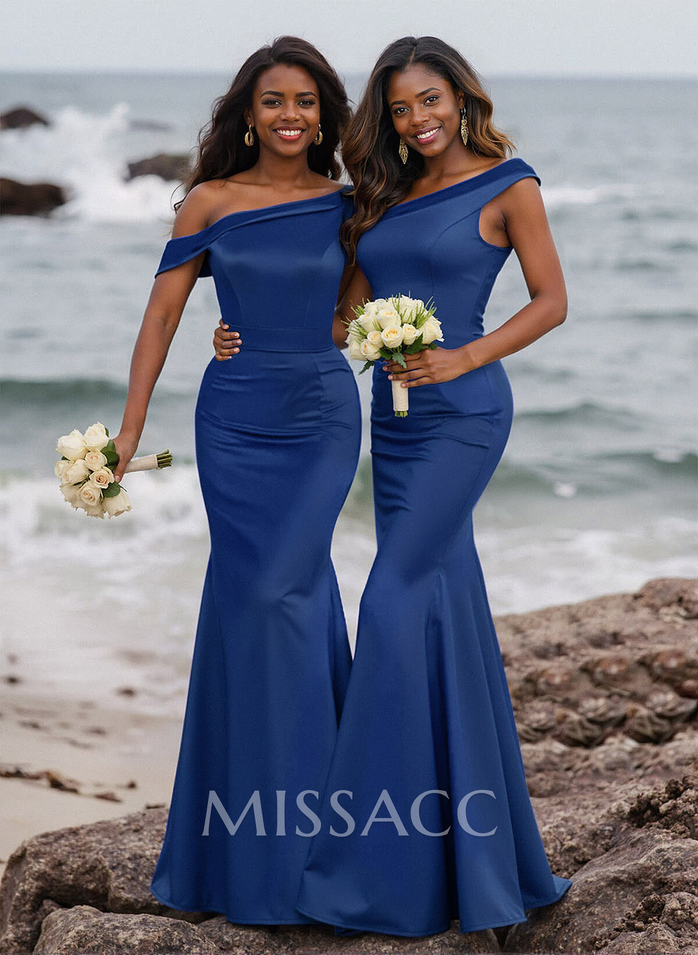 Elegant Asymmetrical Cap Straps Fit And Flare Acetate Satin Bridesmaid Dresses Elegant Asymmetrical Cap Straps Fit And Flare Acetate Satin Bridesmaid Dresses