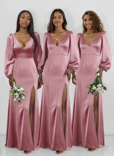 Classy V-Neck Long Sleeves Acetate Satin Bridesmaid Dresses With Back Hole