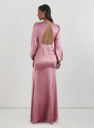 Classy V-Neck Long Sleeves Acetate Satin Bridesmaid Dresses With Back Hole