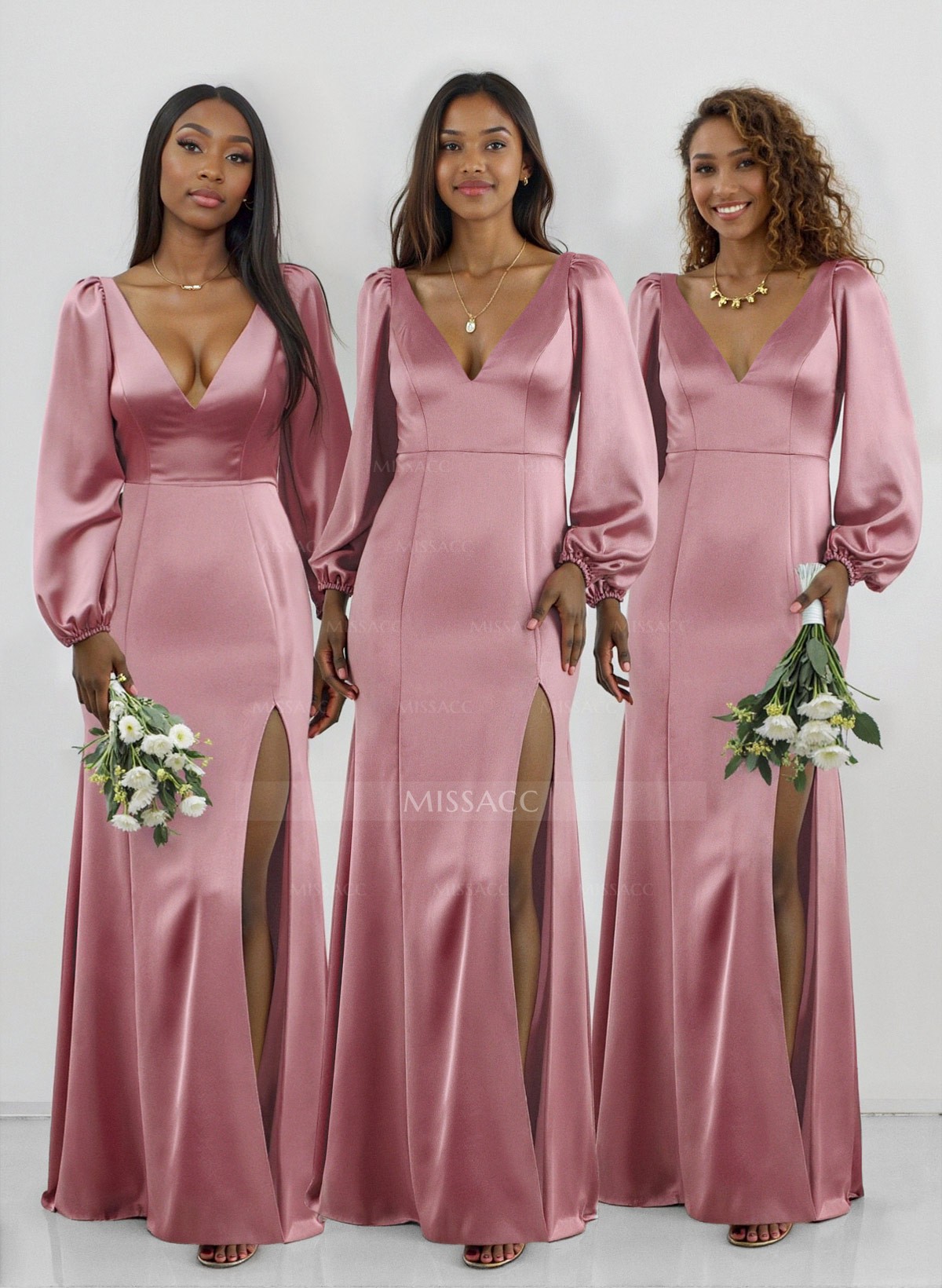 Classy V-Neck Long Sleeves Acetate Satin Bridesmaid Dresses With Back Hole