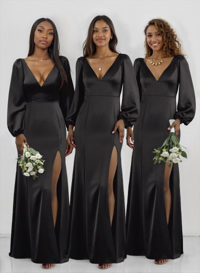 Classy V-Neck Long Sleeves Acetate Satin Bridesmaid Dresses With Back Hole