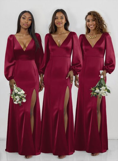 Classy V-Neck Long Sleeves Acetate Satin Bridesmaid Dresses With Back Hole