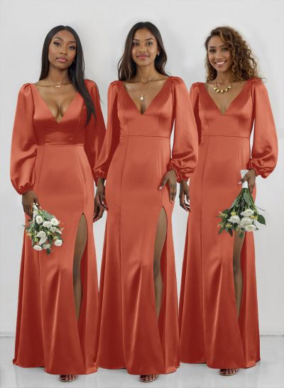 Classy V-Neck Long Sleeves Acetate Satin Bridesmaid Dresses With Back Hole