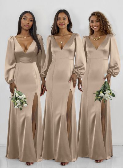 Classy V-Neck Long Sleeves Acetate Satin Bridesmaid Dresses With Back Hole