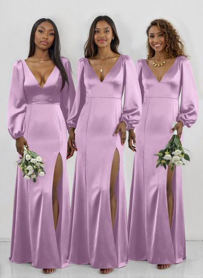 Classy V-Neck Long Sleeves Acetate Satin Bridesmaid Dresses With Back Hole