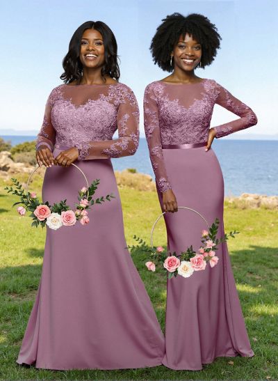 Fit And Flare Illusion Neck Long Sleeves Chiffon Bridesmaid Dresses With Back Hole