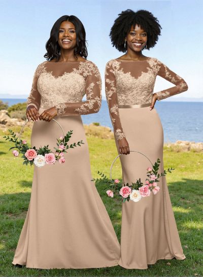 Fit And Flare Illusion Neck Long Sleeves Bridesmaid Dresses With Back Hole