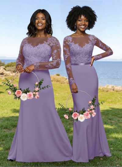 Fit And Flare Illusion Neck Long Sleeves Bridesmaid Dresses With Back Hole