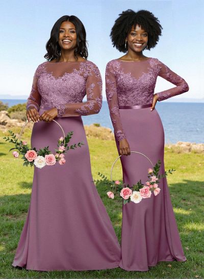 Fit And Flare Illusion Neck Long Sleeves Bridesmaid Dresses With Back Hole